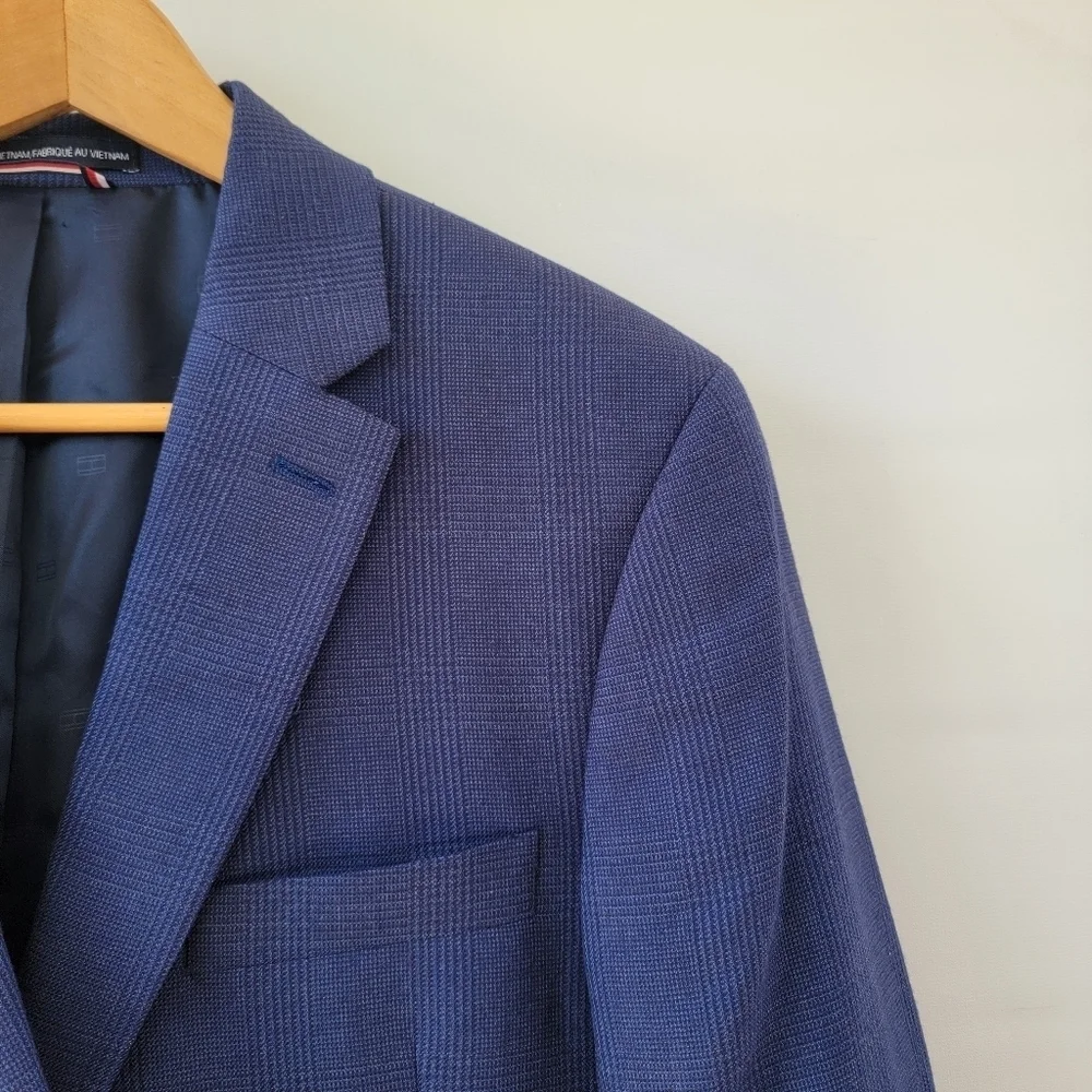 Tommy Hilfiger Navy Blue Blazer Mens 42L Vintage Plaid Preppy Sports Jacket